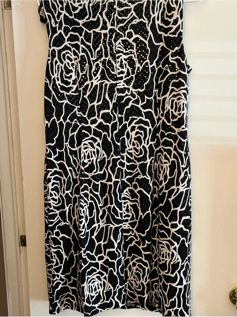 Dress Barn Black and White Rose-Print Ruffle-Neck Mini Dress